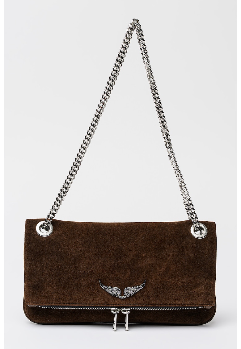 Geanta crossbody de piele intoarsa cu bareta de lant - Maro inchis