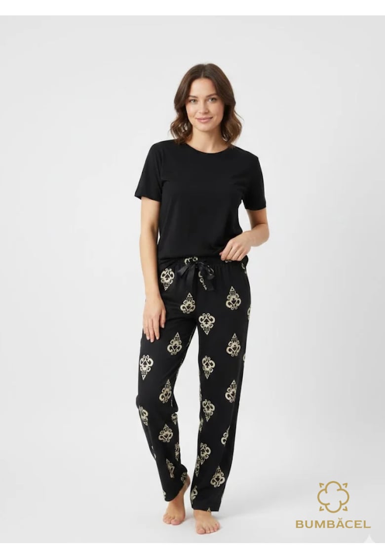 Pantaloni lungi pentru dame - cu imprimeu - din bumbac