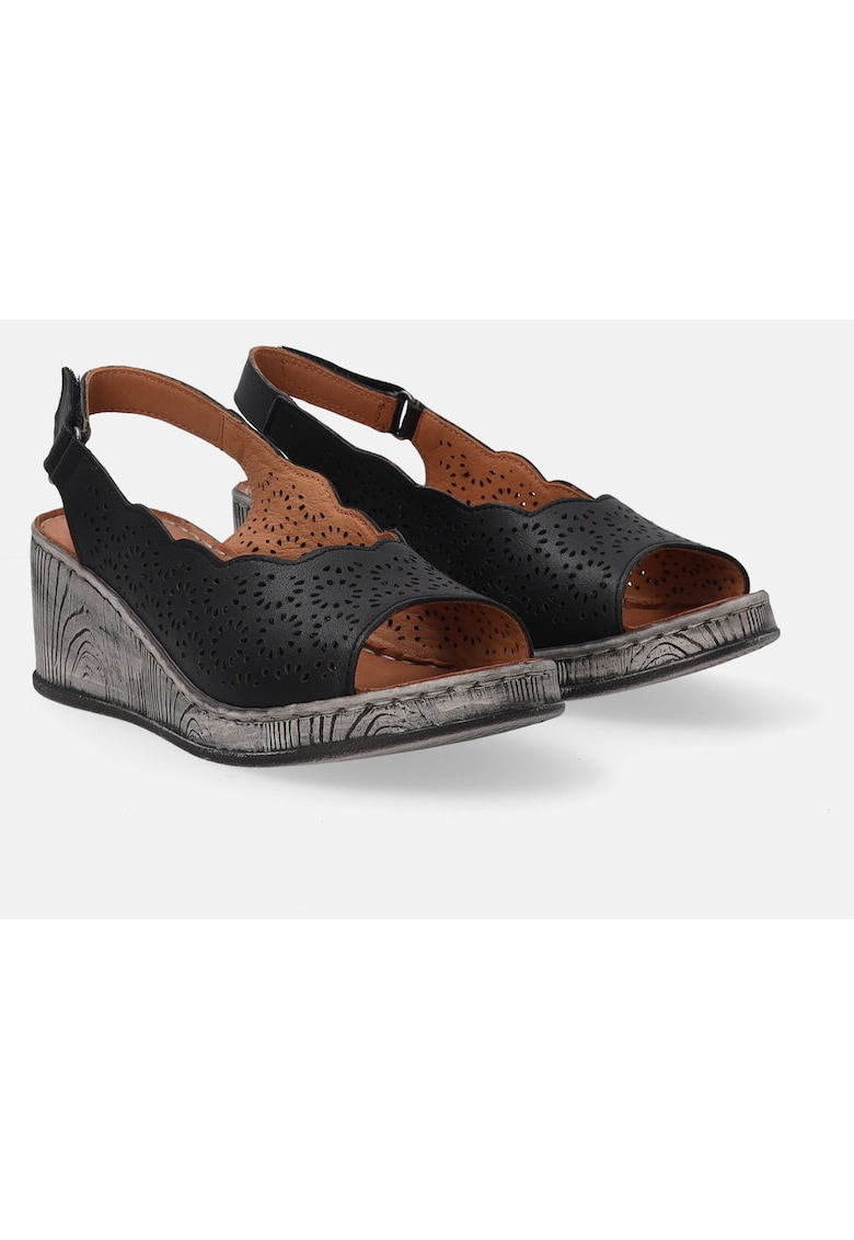 Sandale din piele cu talpa wedge si aspect perforat - Negru