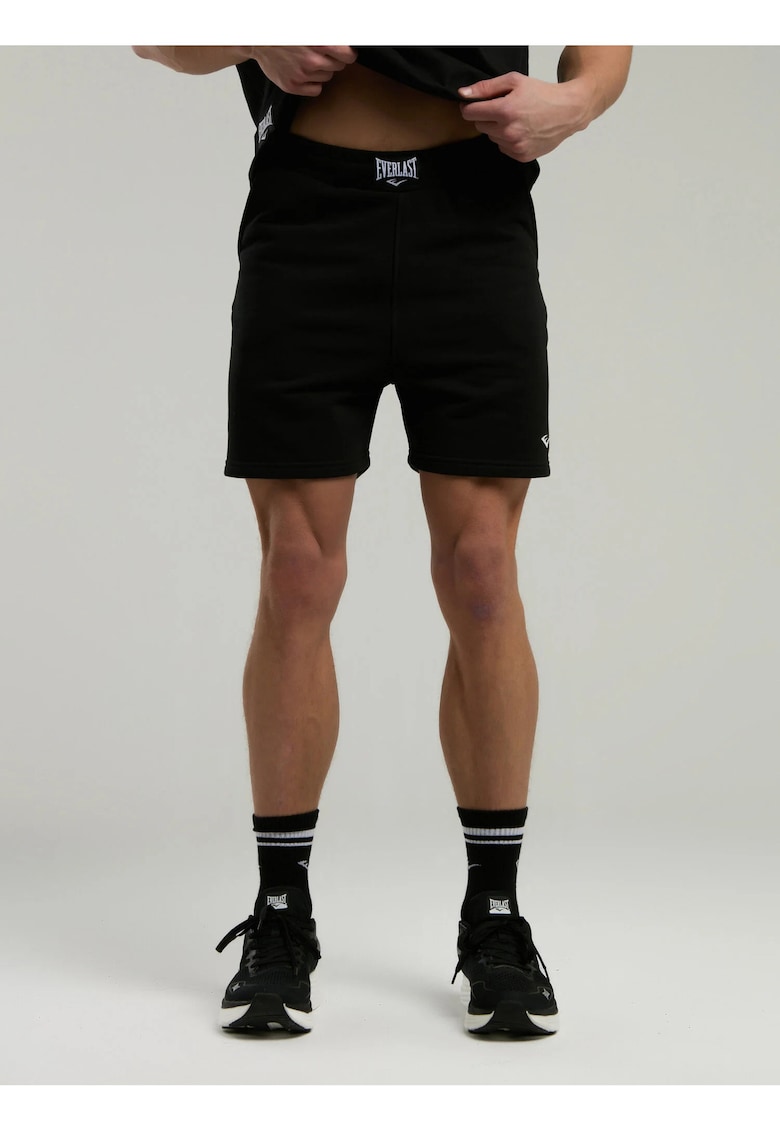 Pantaloni scurti cu buzunare laterale - talie elastica cu siret si logo discret - Negru