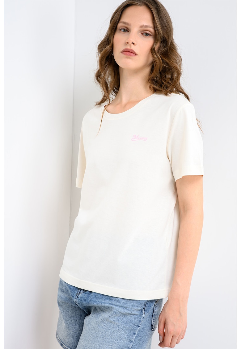 Tricou cu decolteu rotund si imprimeu logo pe piept Floris - Alb fildes