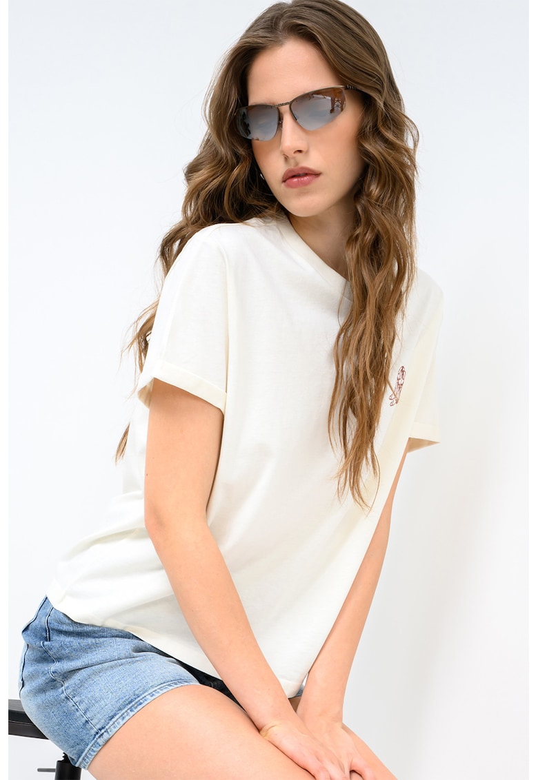 Tricou din bumbac cu broderie discreta Monroe - Alb fildes