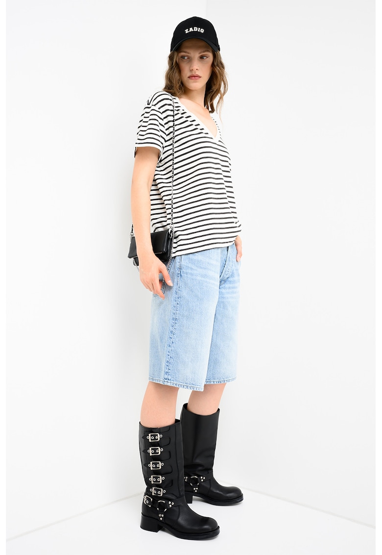 Tricou din amestec de in cu decolteu in V Amy - Negru/Alb murdar