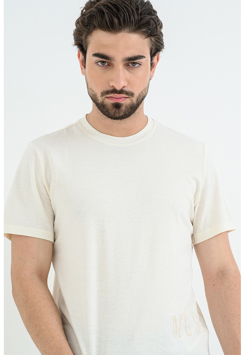 Tricou din bumbac cu decolteu la baza gatului Austin - Alb fildes/Maro camel