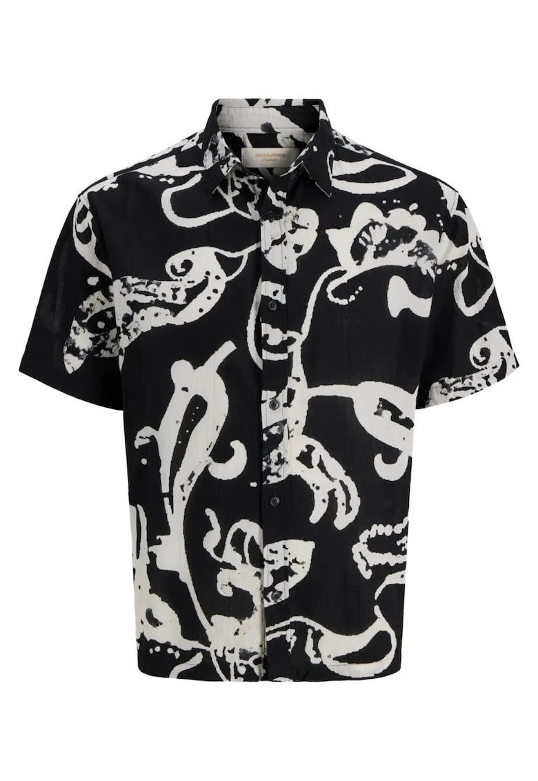 Plus Camasa barbati big sizes - din bumbac - cu imprimeu abstract - Resort fit - Negru