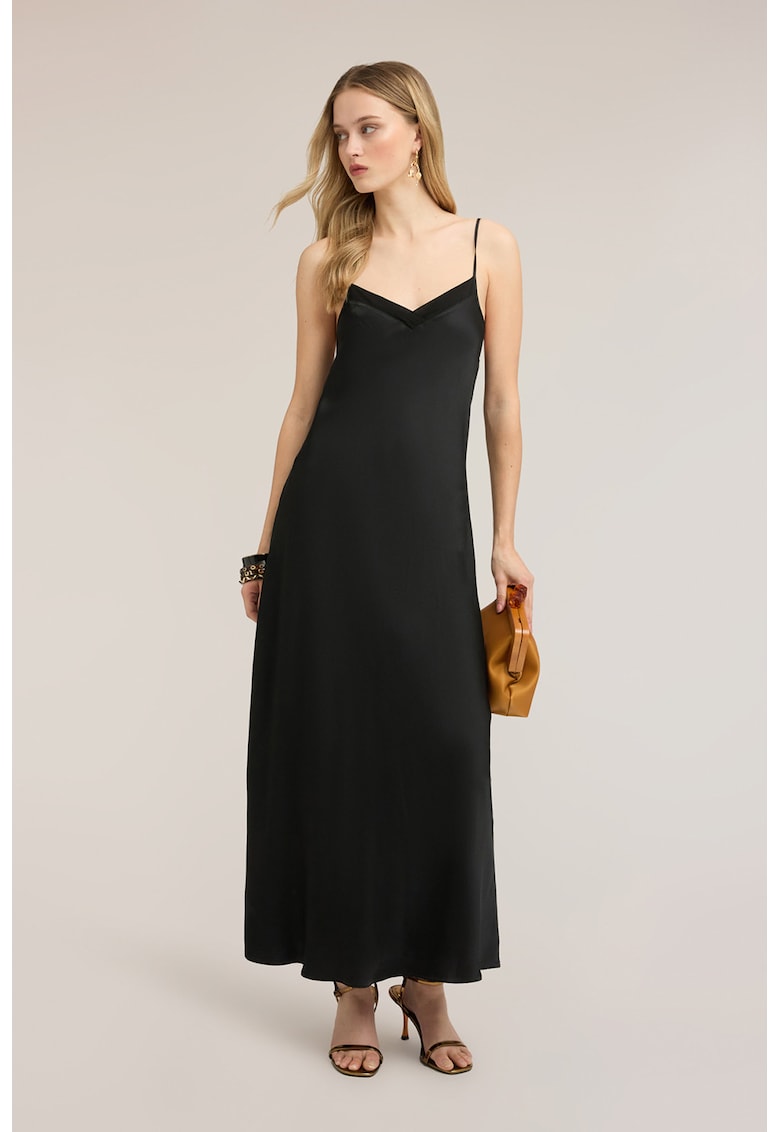 Rochie-furou din satin cu decolteu in V - Negru