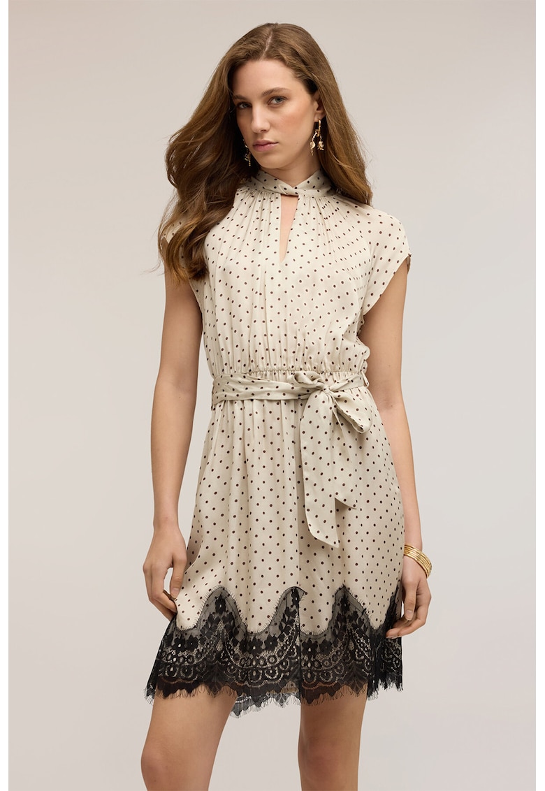 Rochie cu aspect de satin si insertie din dantela la terminatie - Bej