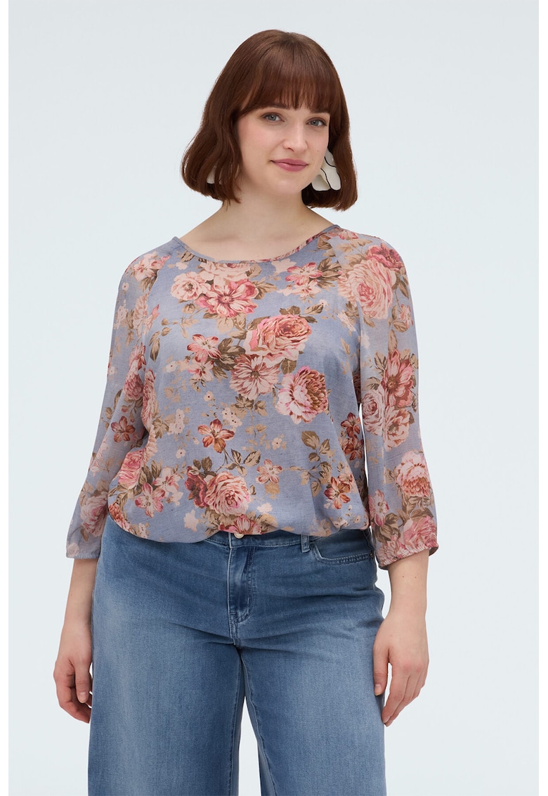 Bluza cu decolteu rotund si model floral - Multicolor