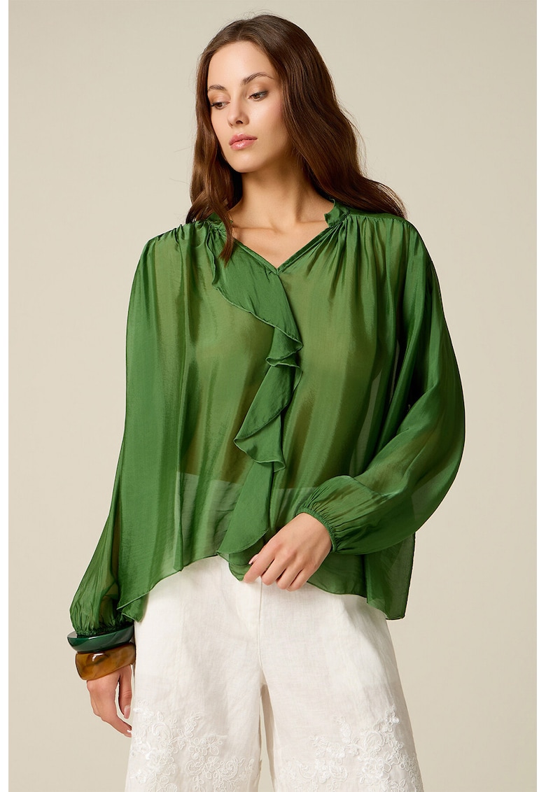 Bluza din amestec de matase cu volane - Verde