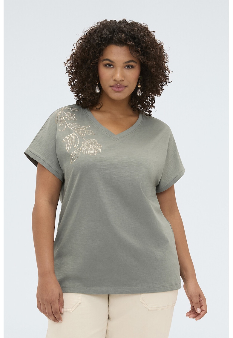 Top de bumbac cu floare din strasuri - Verde pal