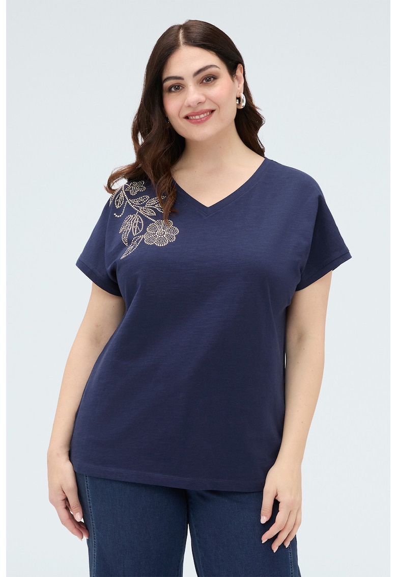Top de bumbac cu floare din strasuri - Albastru inchis