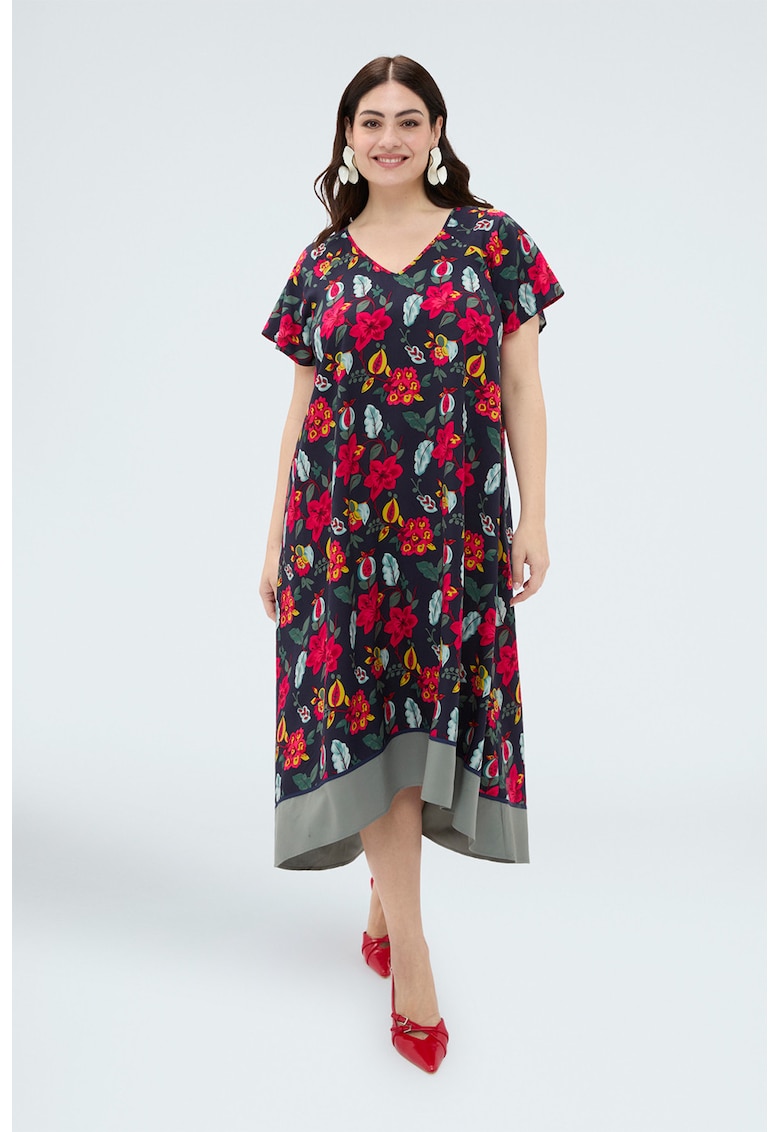 Rochie cu decolteu in V si imprimeu floral - Rosu/Verde/Bleumarin