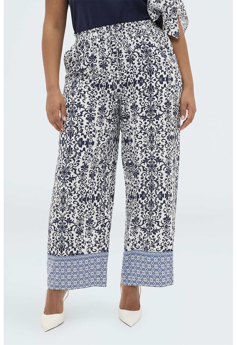 Pantaloni cu croiala ampla si model etnic - Alb murdar/Bleumarin