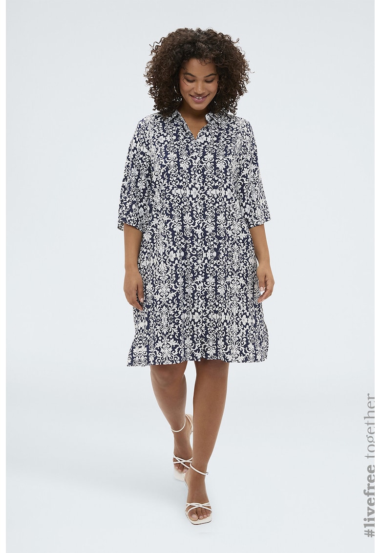 Rochie scurta cu decolteu in V si model oriental - Alb/Bleumarin