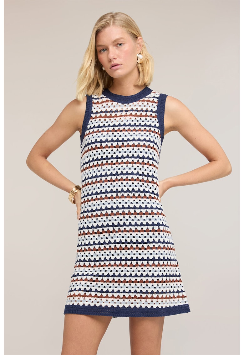 Rochie mini cu decolteu la baza gatului si model tricotat - Alb/Bleumarin/Ocru