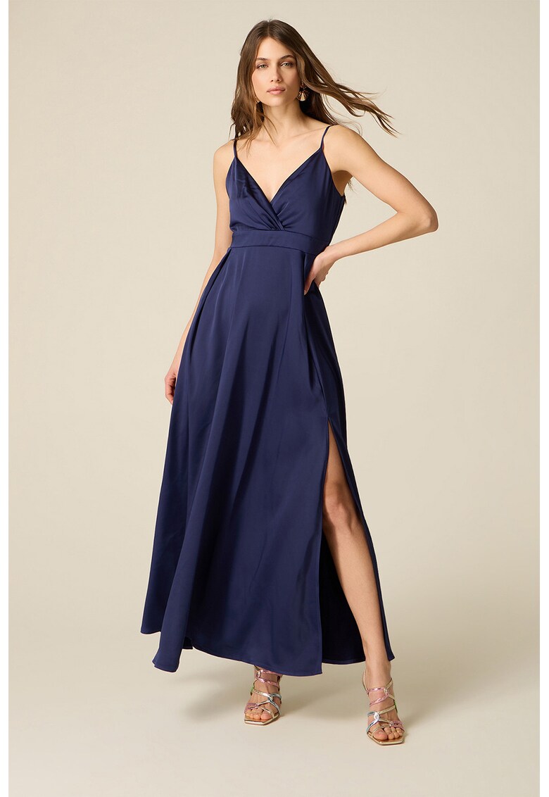 Rochie lunga cu decolteu in V si slit lateral - Bleumarin