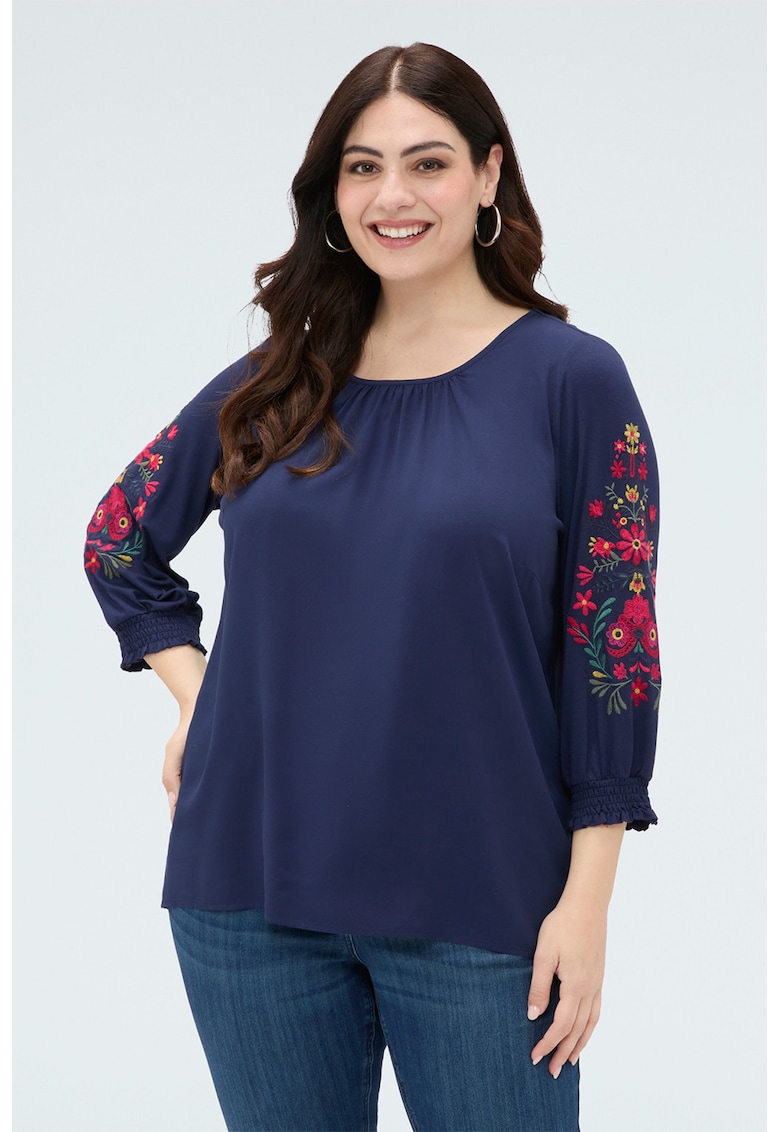 Bluza cu broderie florala - Albastru inchis