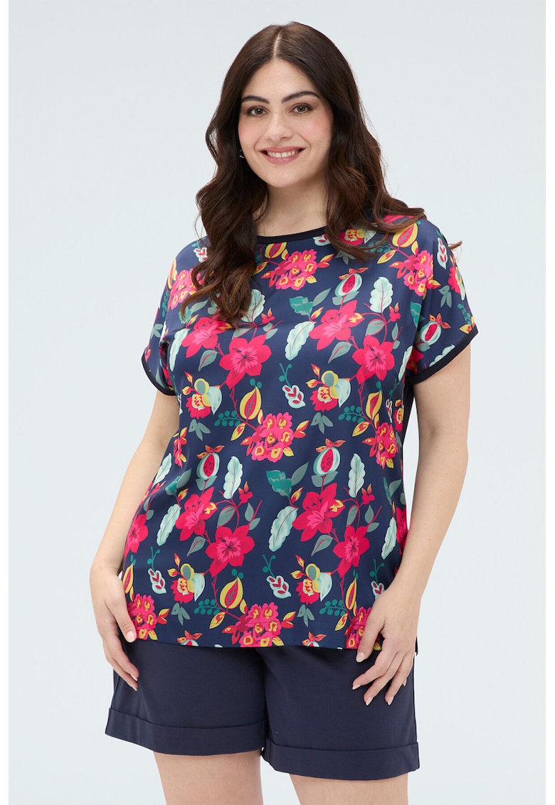 Tricou cu decolteu rotund si imprimeu floral - Verde/Roz/Bleumarin
