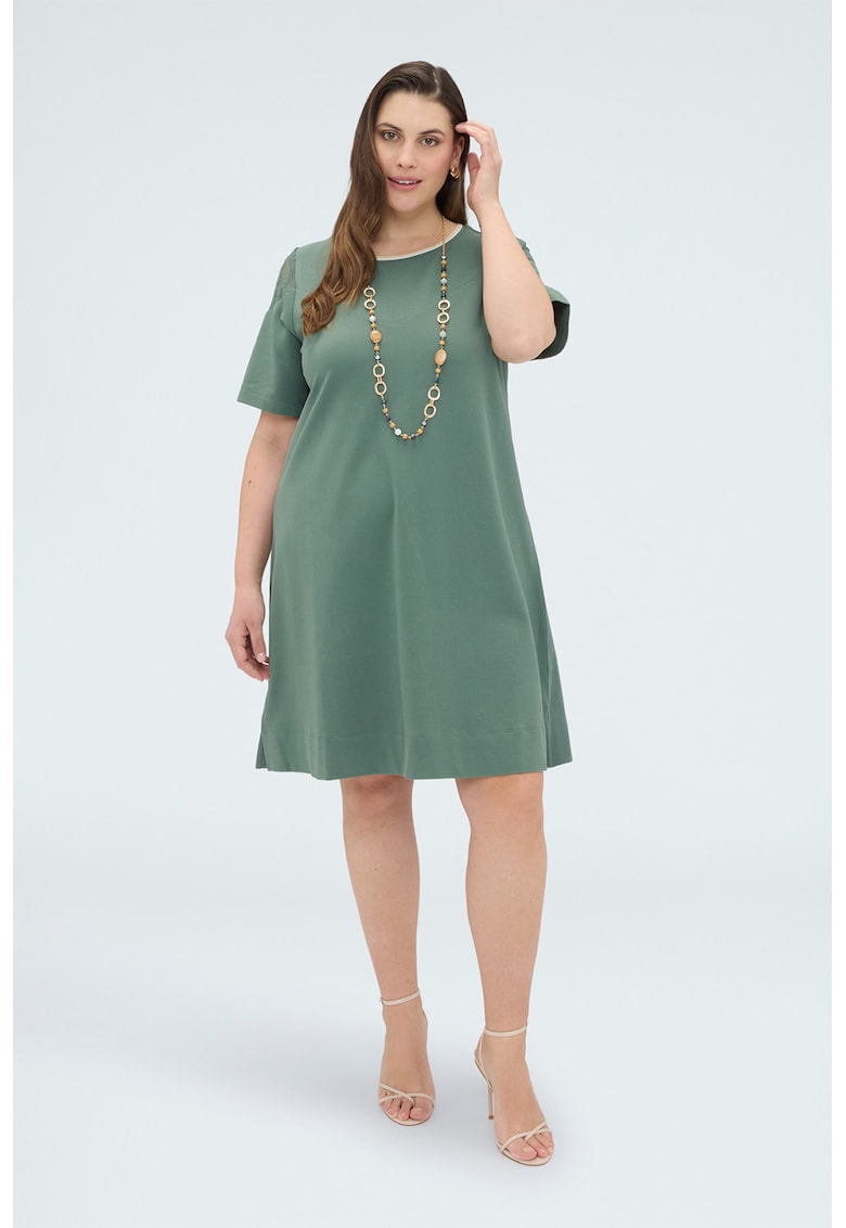 Rochie scurta cu croiala evazata si insertii din dantela cu model floral pe maneci - Verde sparanghel