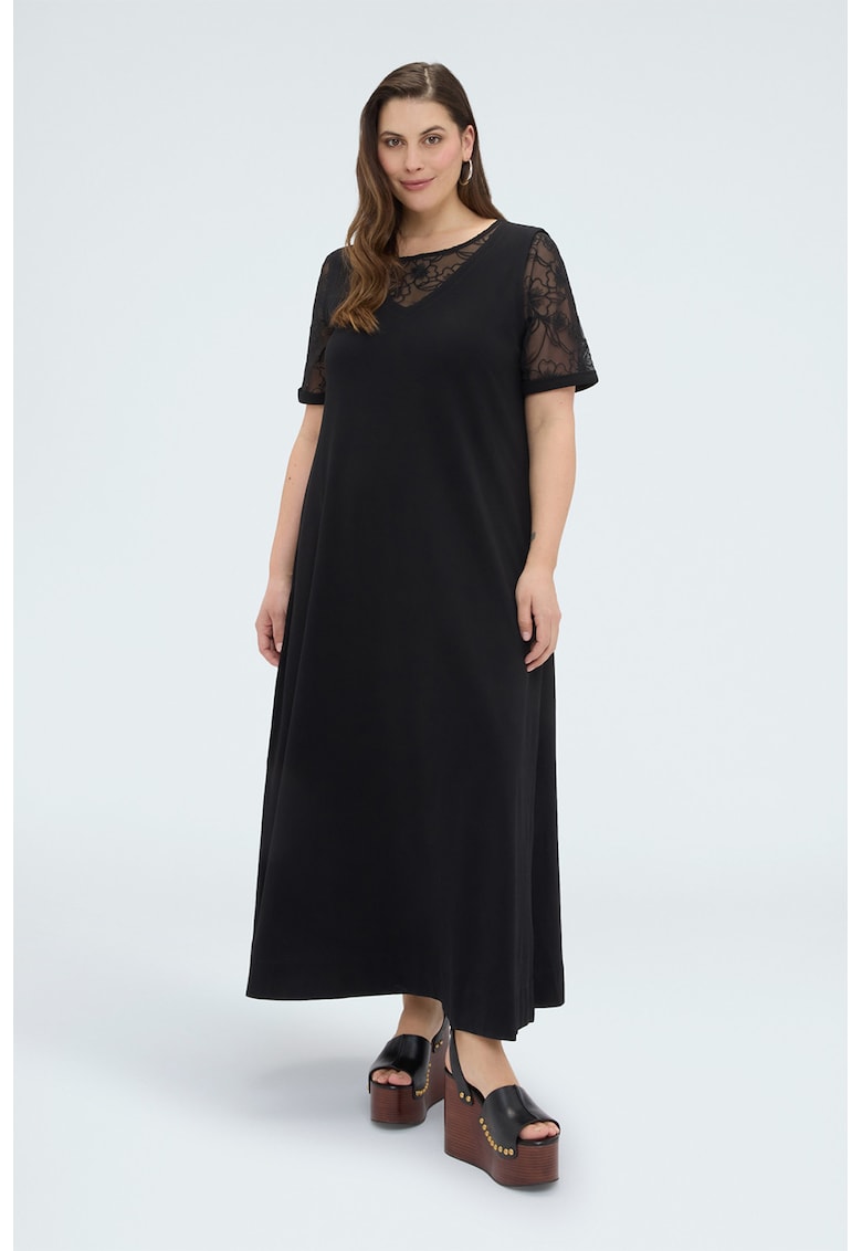 Rochie lunga cu insertii din dantela cu model floral - Negru