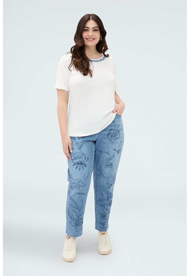 Tricou din amestec de modal cu insertii din denim - Alb
