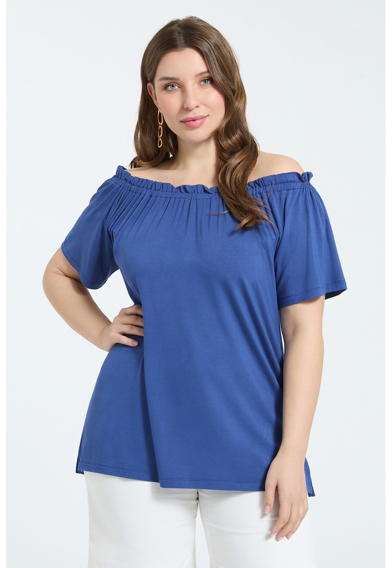 Tricou uni cu decolteu pe umeri - Albastru