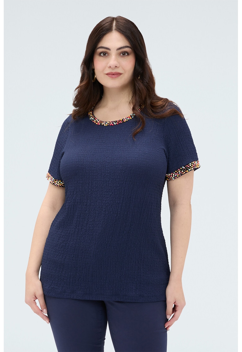 Tricou texturatcu decolteu rotund - Albastru inchis