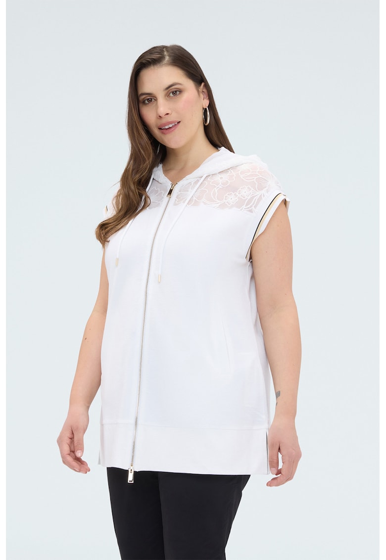Hanorac cu fermoar si broderii florale - Alb