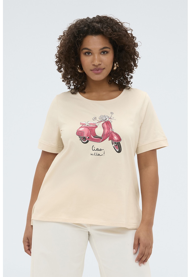 Tricou cu imprimeu si decolteu rotund - Crem