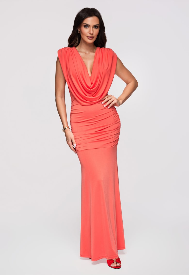 Rochie maxi cu decolteu in V si croiala ajustata - Coral