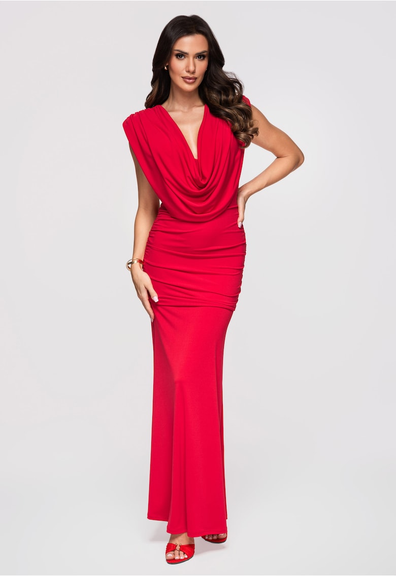 Rochie maxi cu decolteu in V si croiala ajustata - Rosu