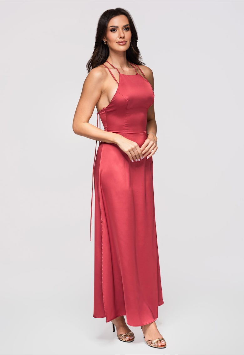 Rochie maxi cu decolteu halter si material satinat - Roz inchis