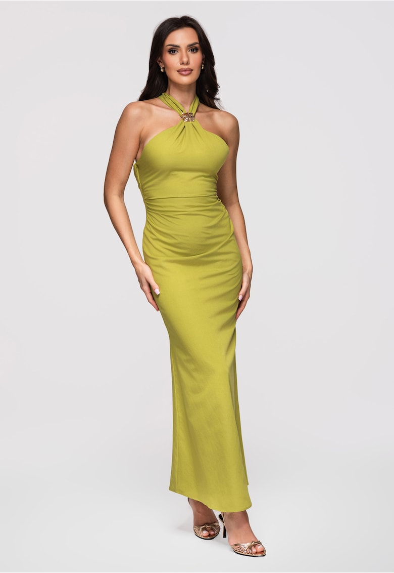 Rochie maxi cu decolteu halter si material elastic - Verde
