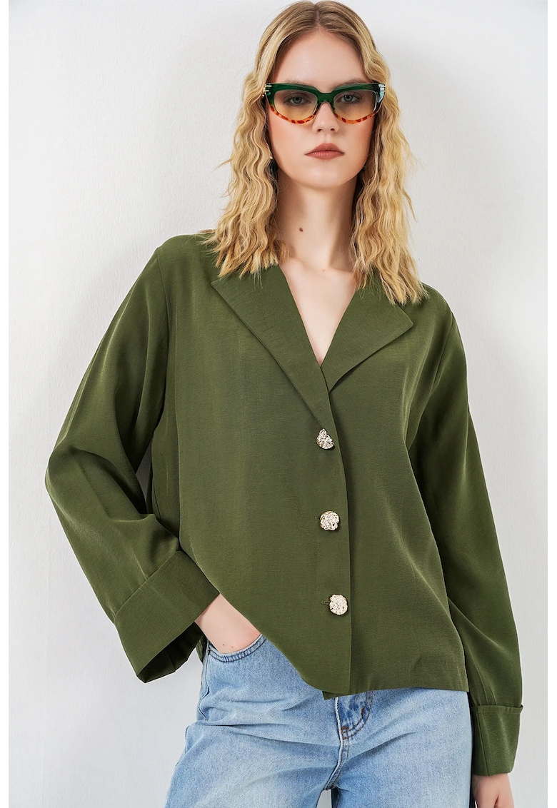 Sacou dama supradimensionat - verde kaki - 80% viscoza - 20% nailon - cu inchidere cu nasturi