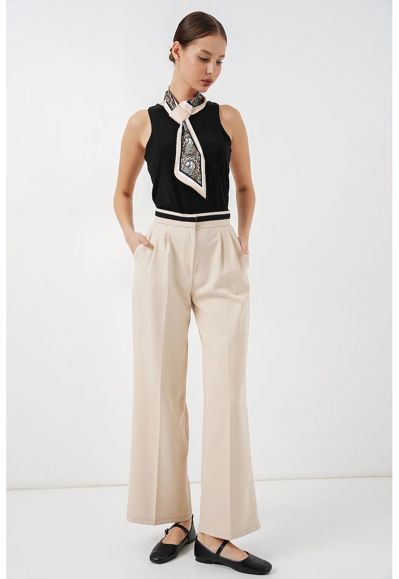 Pantaloni dama talie inalta - bej - poliester - cu buzunare