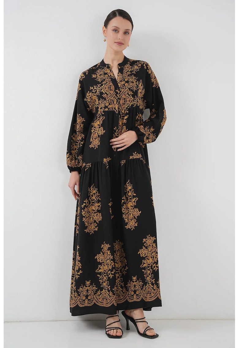 Rochie maxi decolteu in V - cu imprimeu - negru - viscoza
