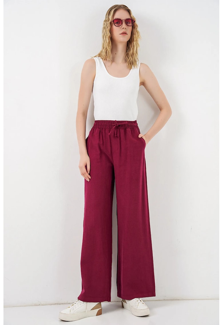 Pantaloni dama - talie inalta - picior larg - rosu burgundy