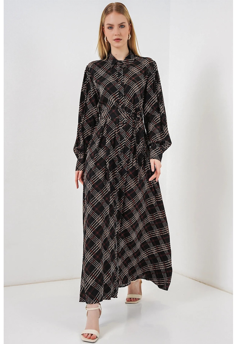 Rochie tip camasa - midi - model in carouri - viscoza - negru