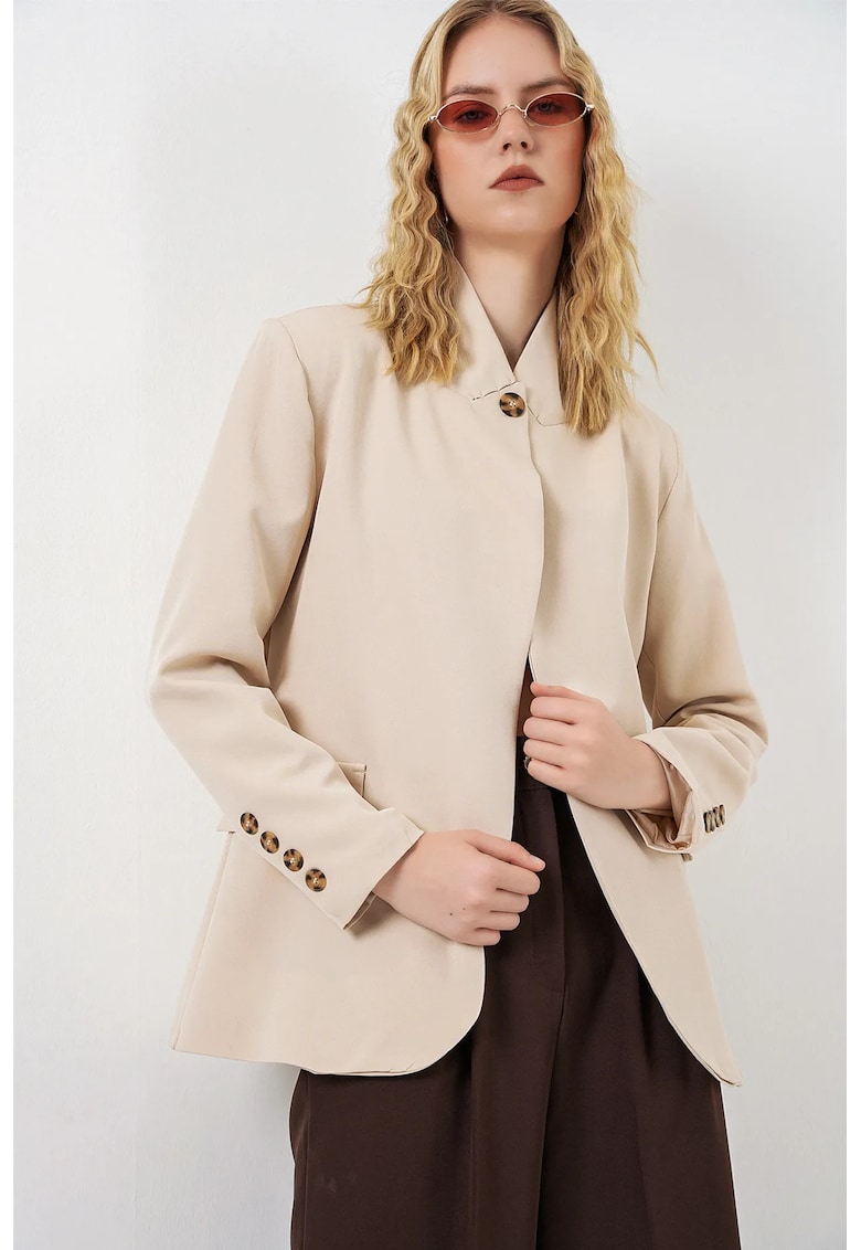 Sacou supradimensionat guler sal - bej natural - poliester-elastan - maneca lunga