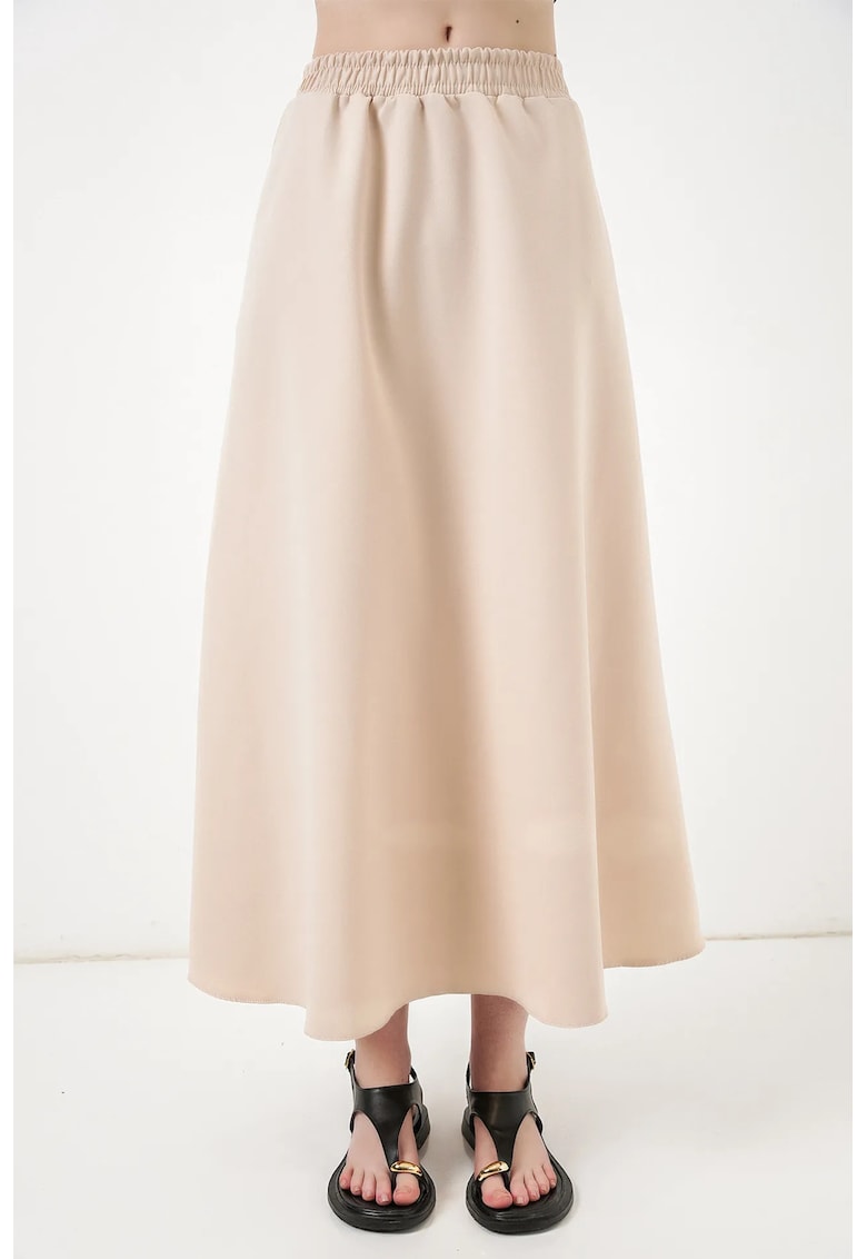 Fusta maxi talie inalta - croiala evazata - bej natural - poliester-elastan