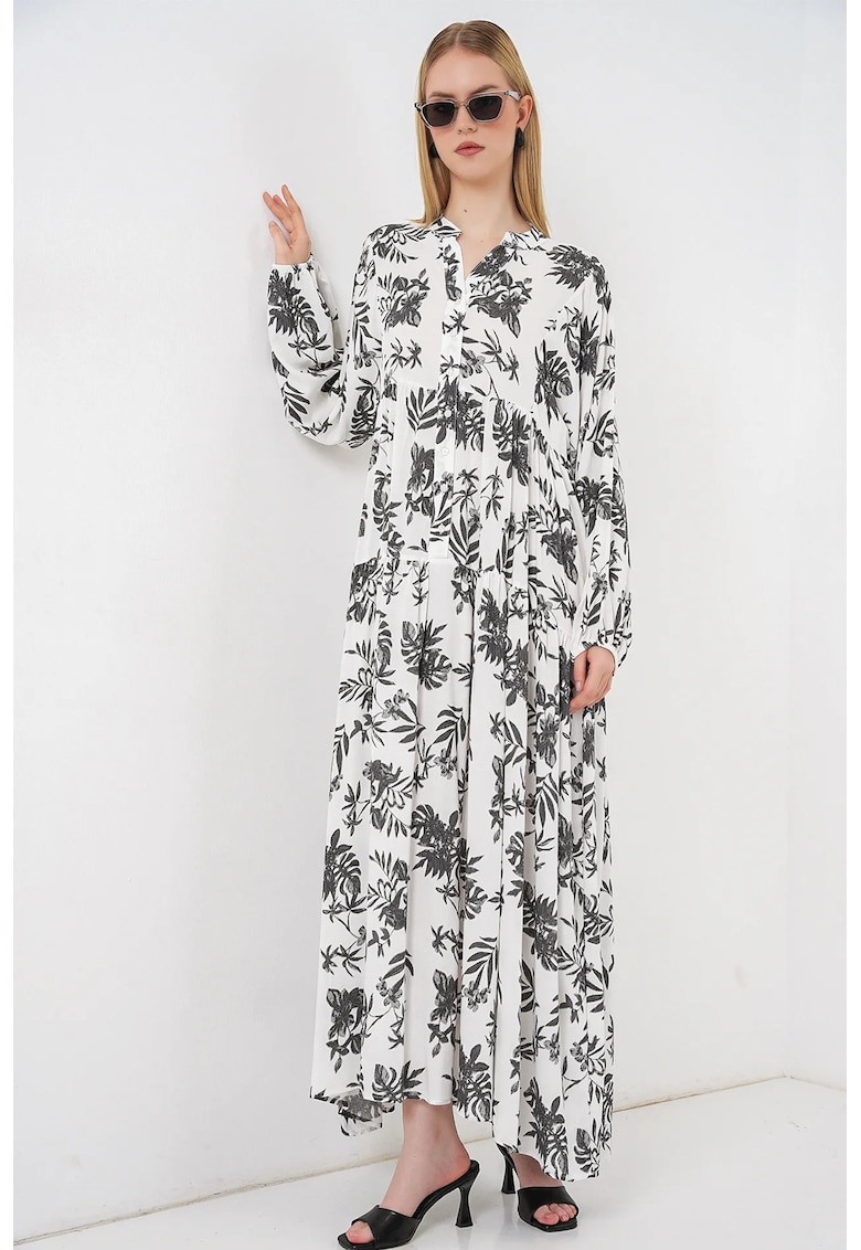 Rochie Maxi decolteu in V - maneca lunga - viscoza - alb/negru