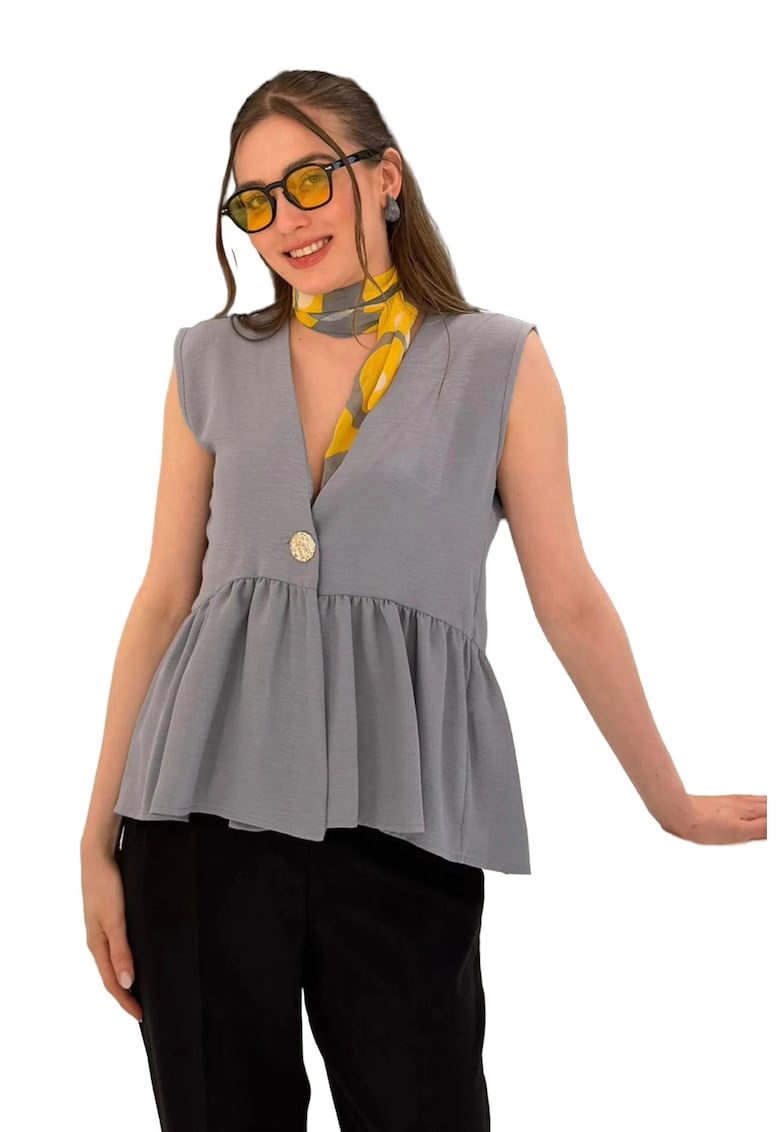 Bluza dama - Gri - Decolteu in V - Nasturi