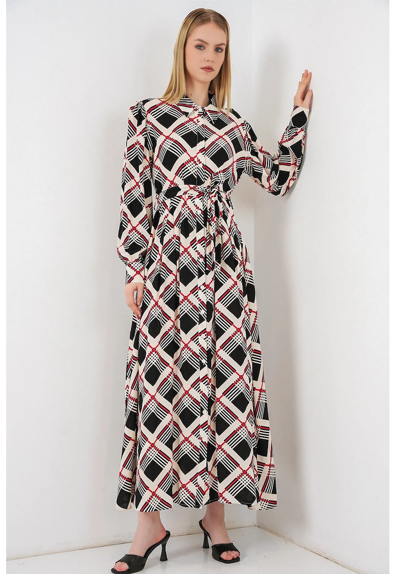 Rochie tip camasa - midi - model in carouri - viscoza - bej/negru