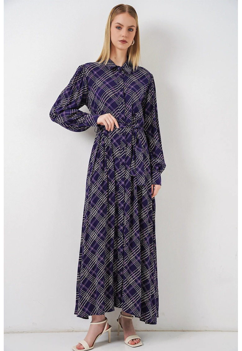 Rochie tip camasa - midi - model in carouri - viscoza - mov