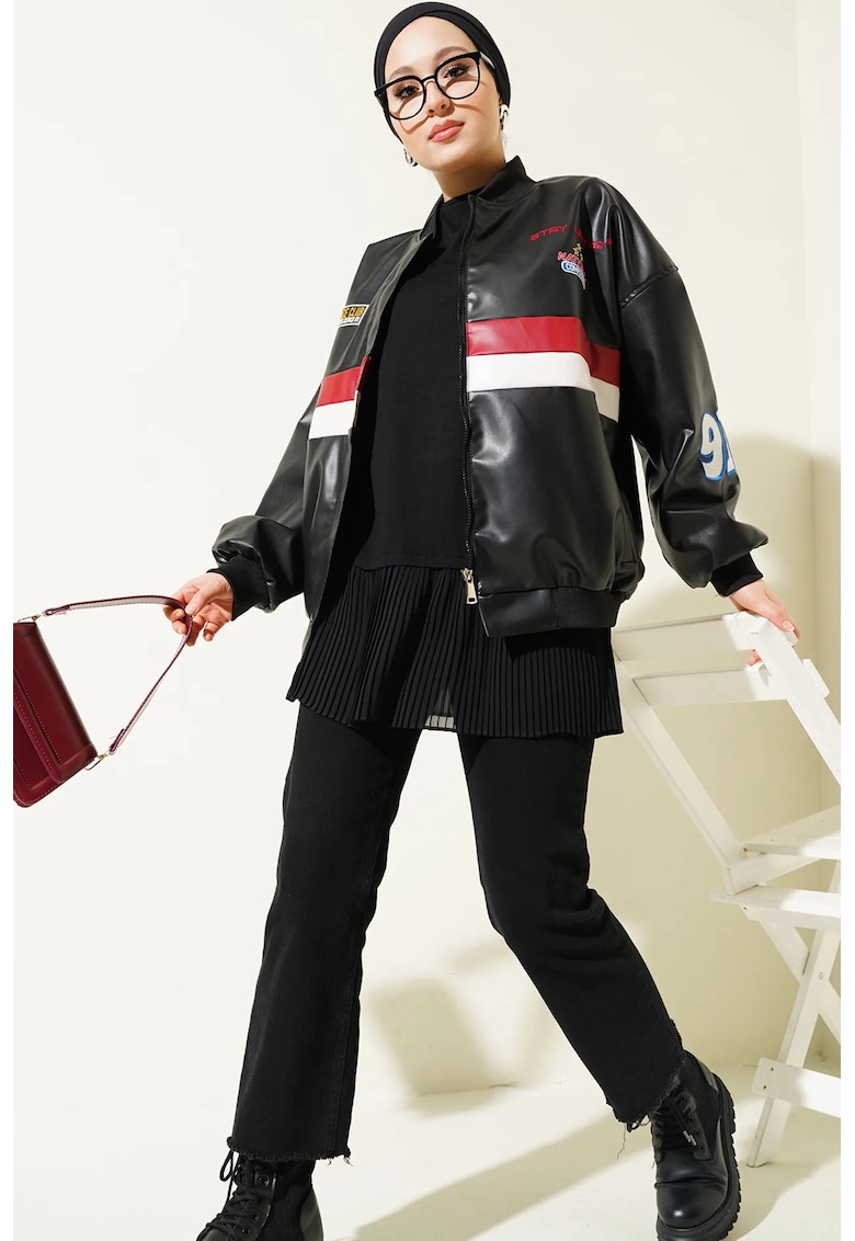Geaca bomber supradimensionata - piele ecologica - negru