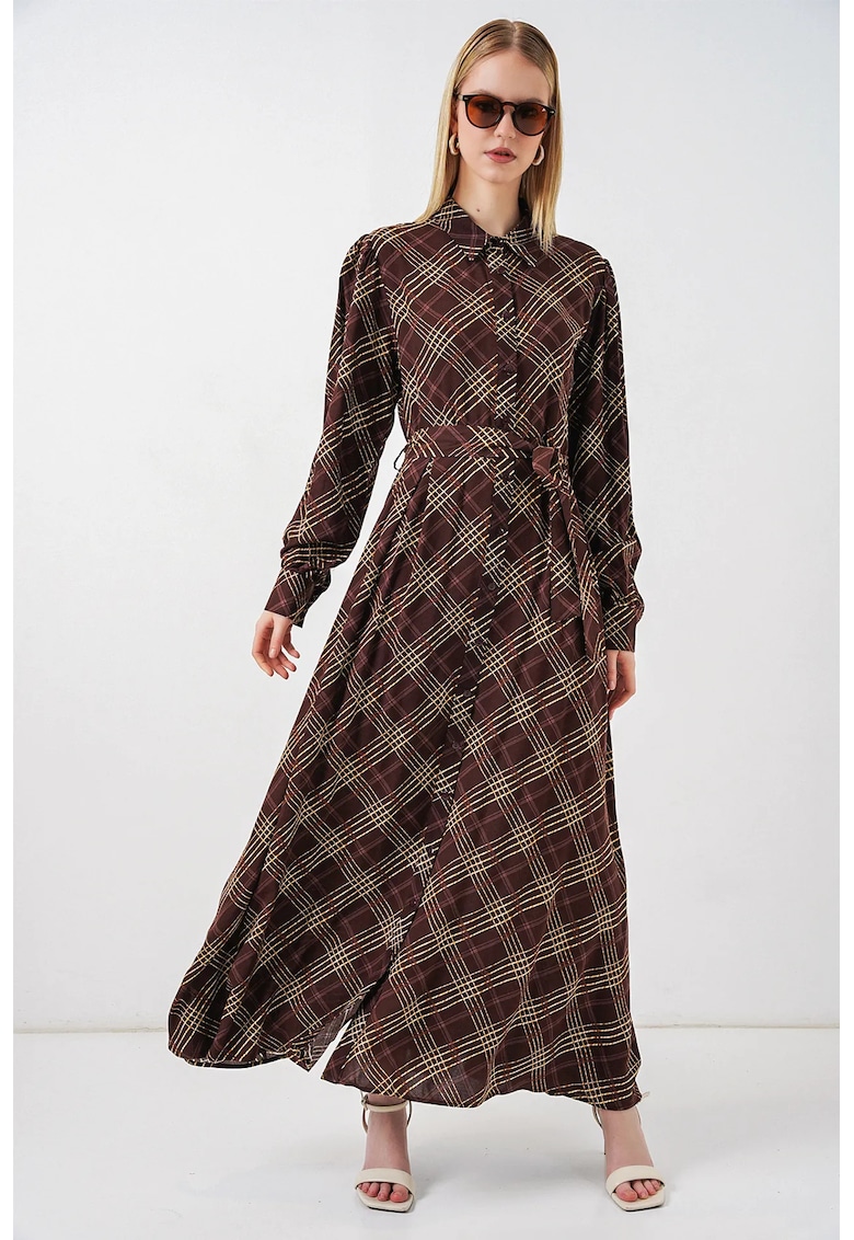 Rochie tip camasa - midi - model in carouri - viscoza - maro