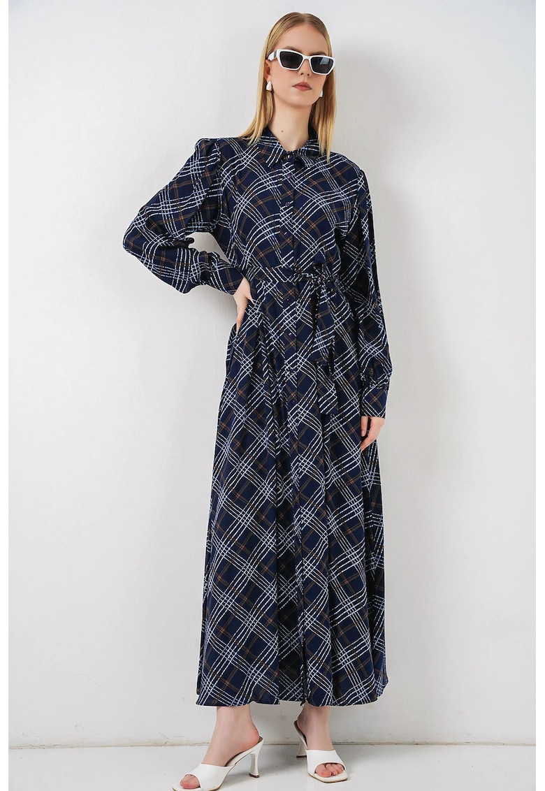 Rochie tip camasa - midi - model in carouri - viscoza - bleumarin