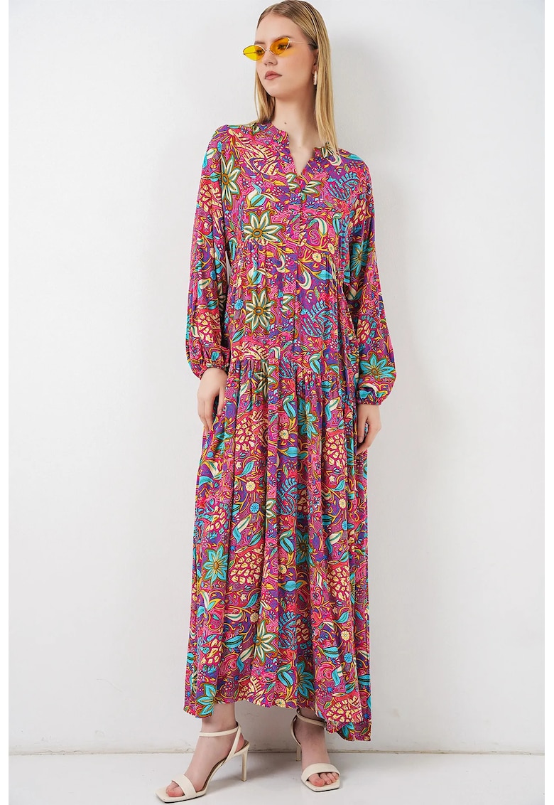 Rochie Maxi decolteu in V - viscoza - maneca lunga - roz