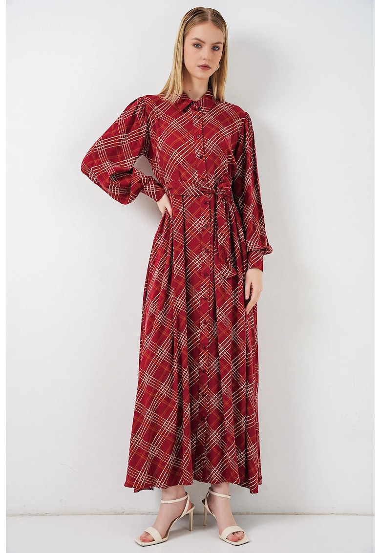 Rochie tip camasa - midi - model in carouri - viscoza - rosu