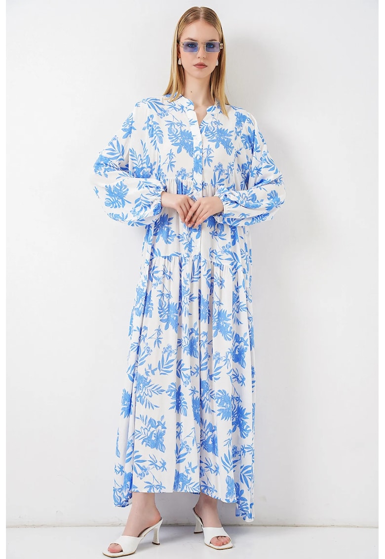 Rochie Maxi decolteu in V - maneca lunga - albastru/alb - viscoza